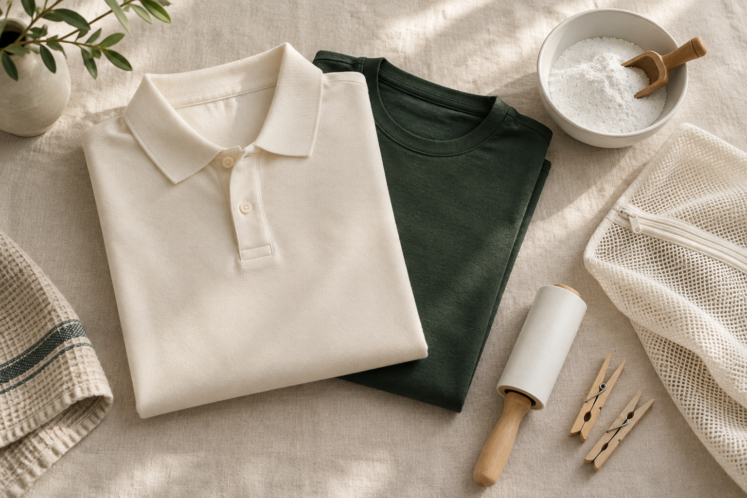 Folded garments with a mesh laundry bag, mild detergent, clothespins and a lint roller.